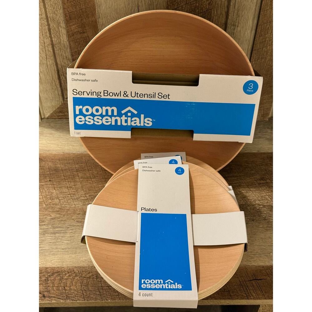 Room essential Serving Bowl w/ Utensils AND 12pk  Matching Melamine Salad Plates